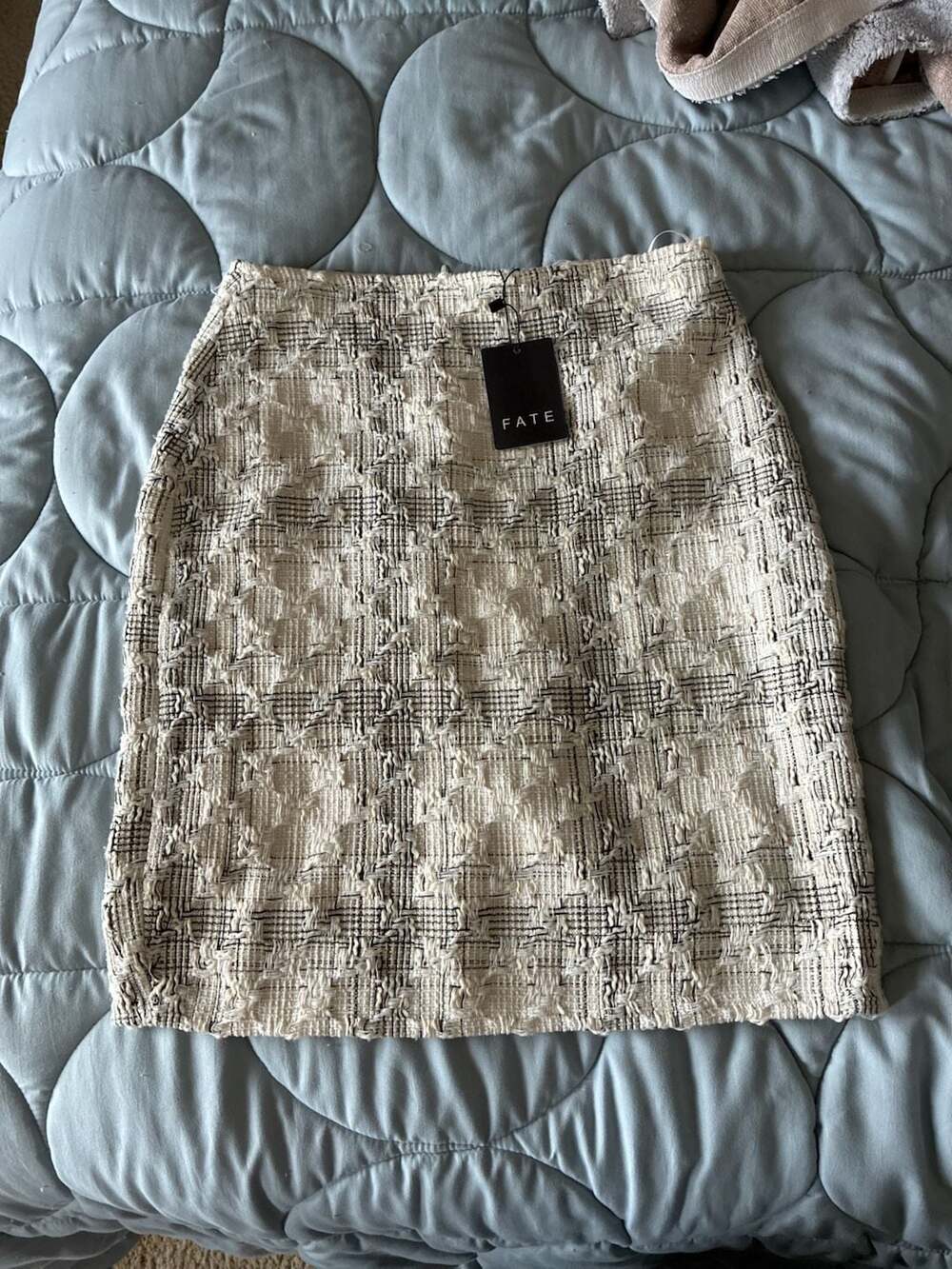 FATE Women's Cream and Black Plaid Tweed Mini Skirt